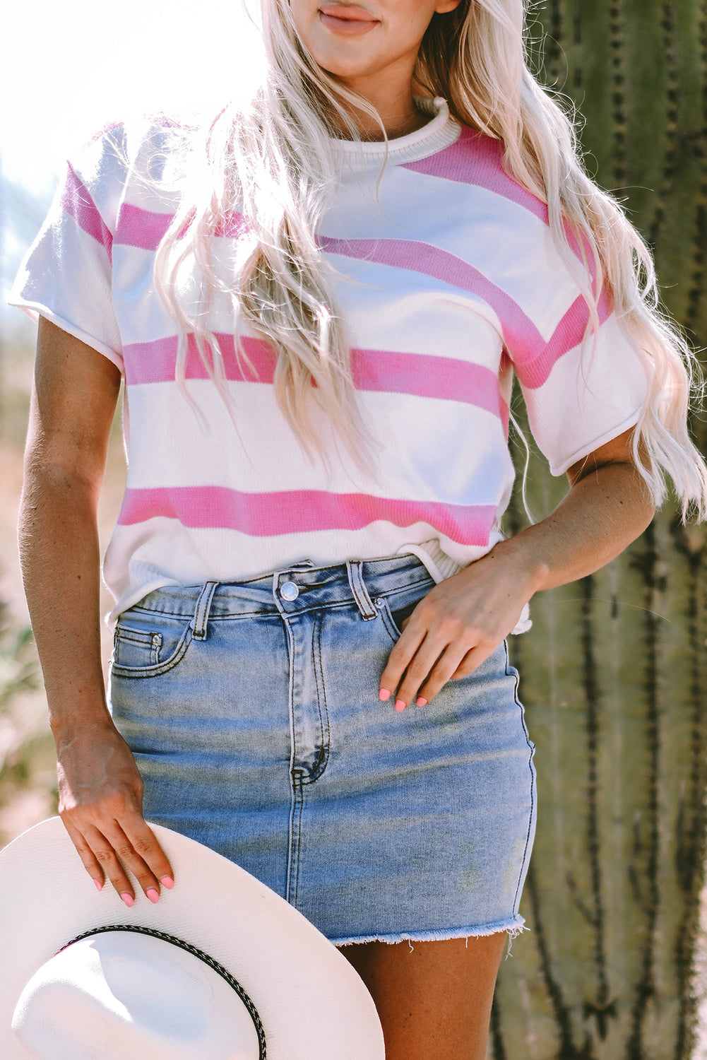 Stripe Knit Drop Short Sleeve Sweater