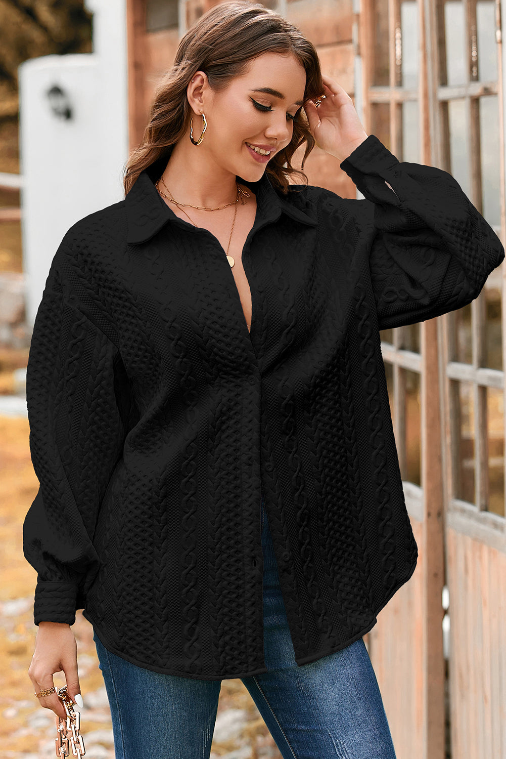 Solid Cable Knit Textured Puff Sleeve Shacket