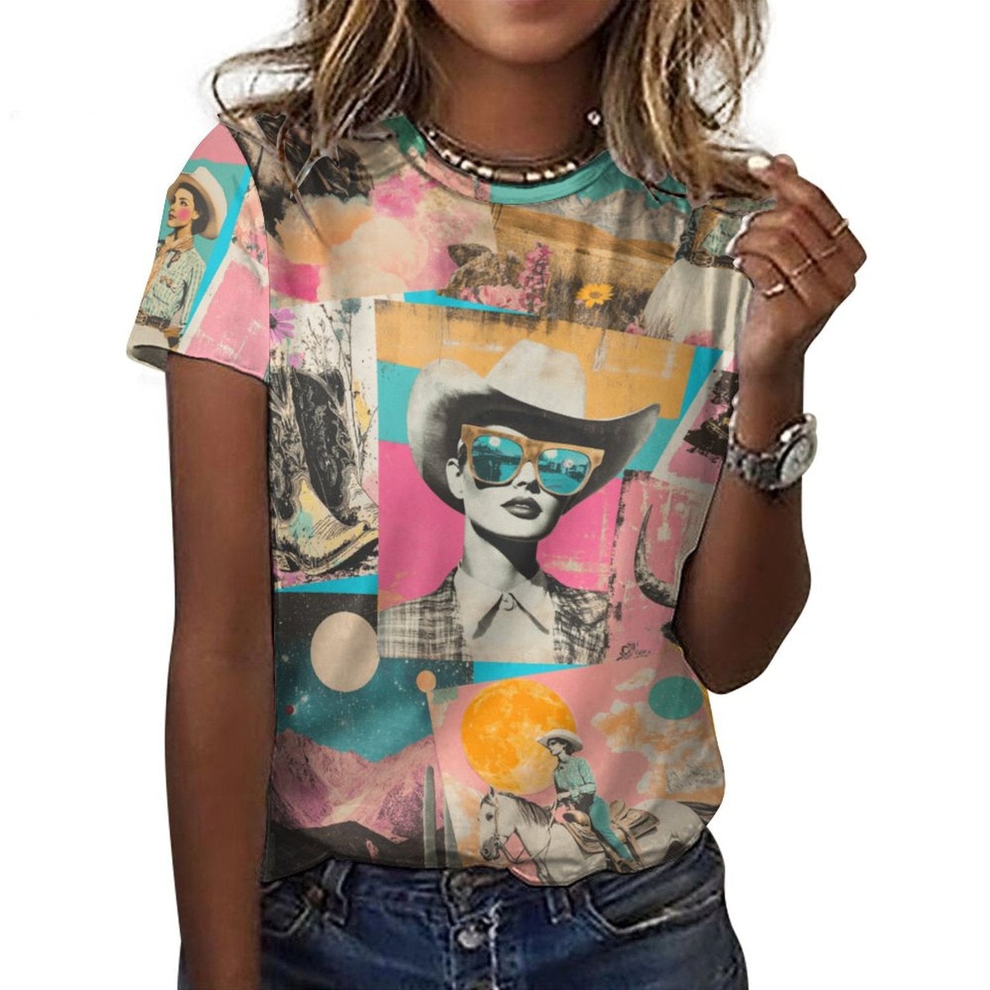Baha Ranch Retro Pop Western Collage Cotton T Shirt
