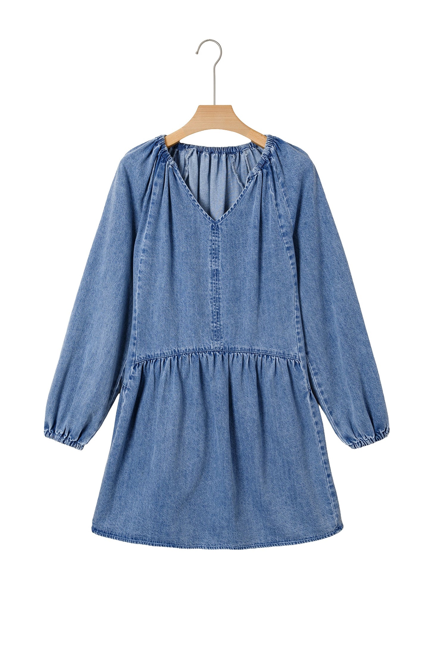 Denim Puff Sleeve Tie V-Neck Ruffle Dress