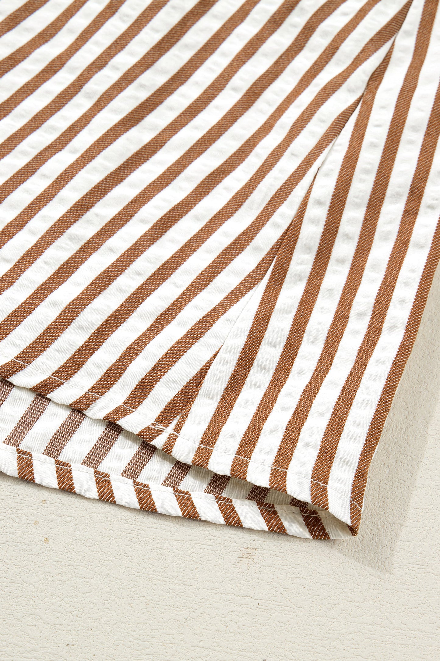Stripe Shirred V-Neck Short Puff Sleeve Blouse