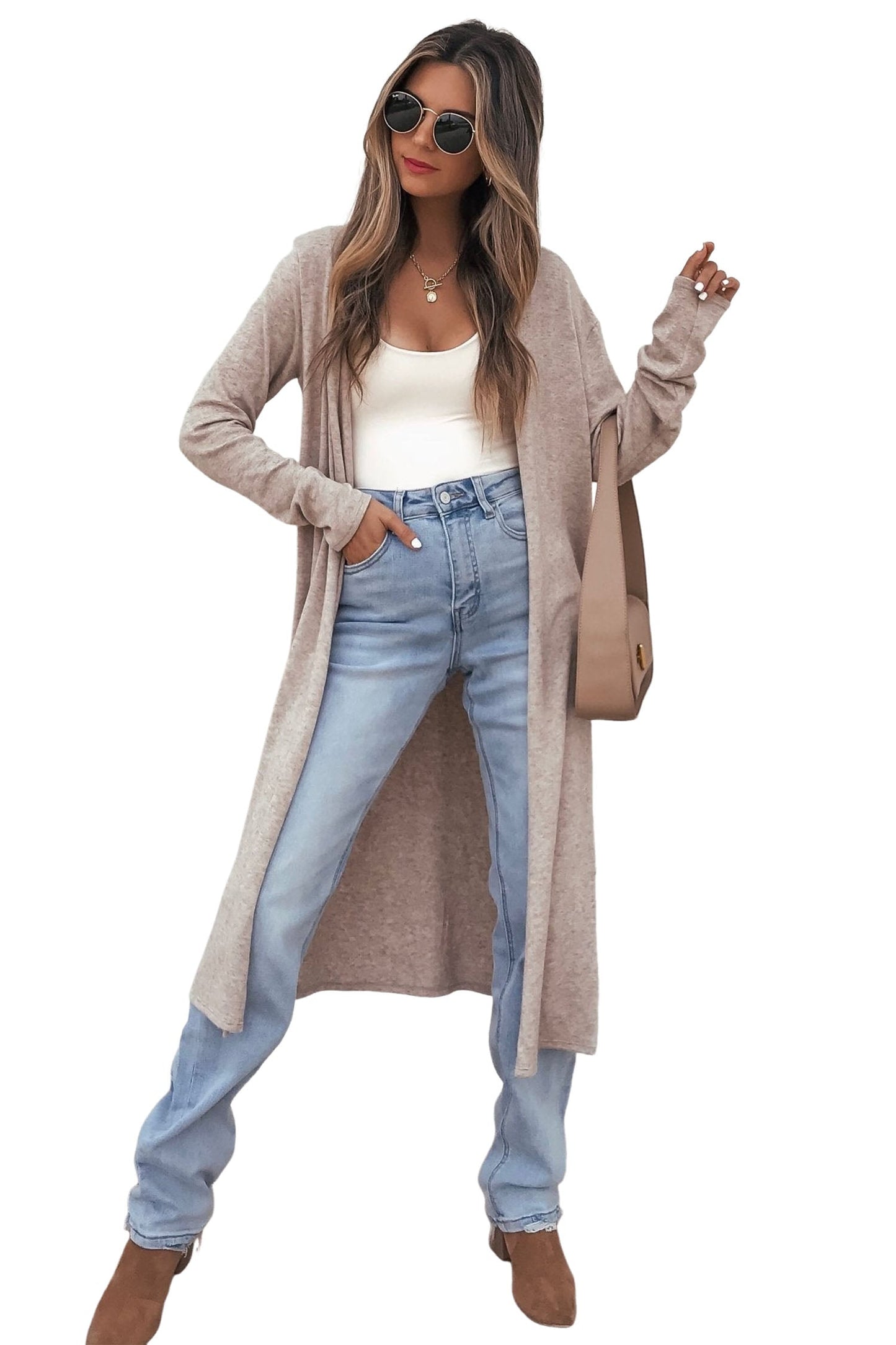 Solid Long Sleeve Open Front Tunic Cardigan