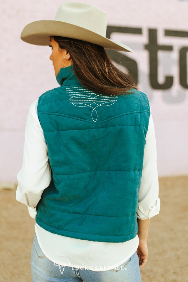 Teal Puffer W Aztec Lining Boot Stitch Detail Vest