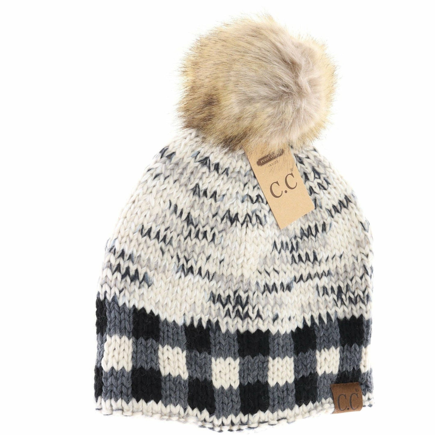 Buffalo Check Mixed Print Fur Pom C.C Beanie HAT2083