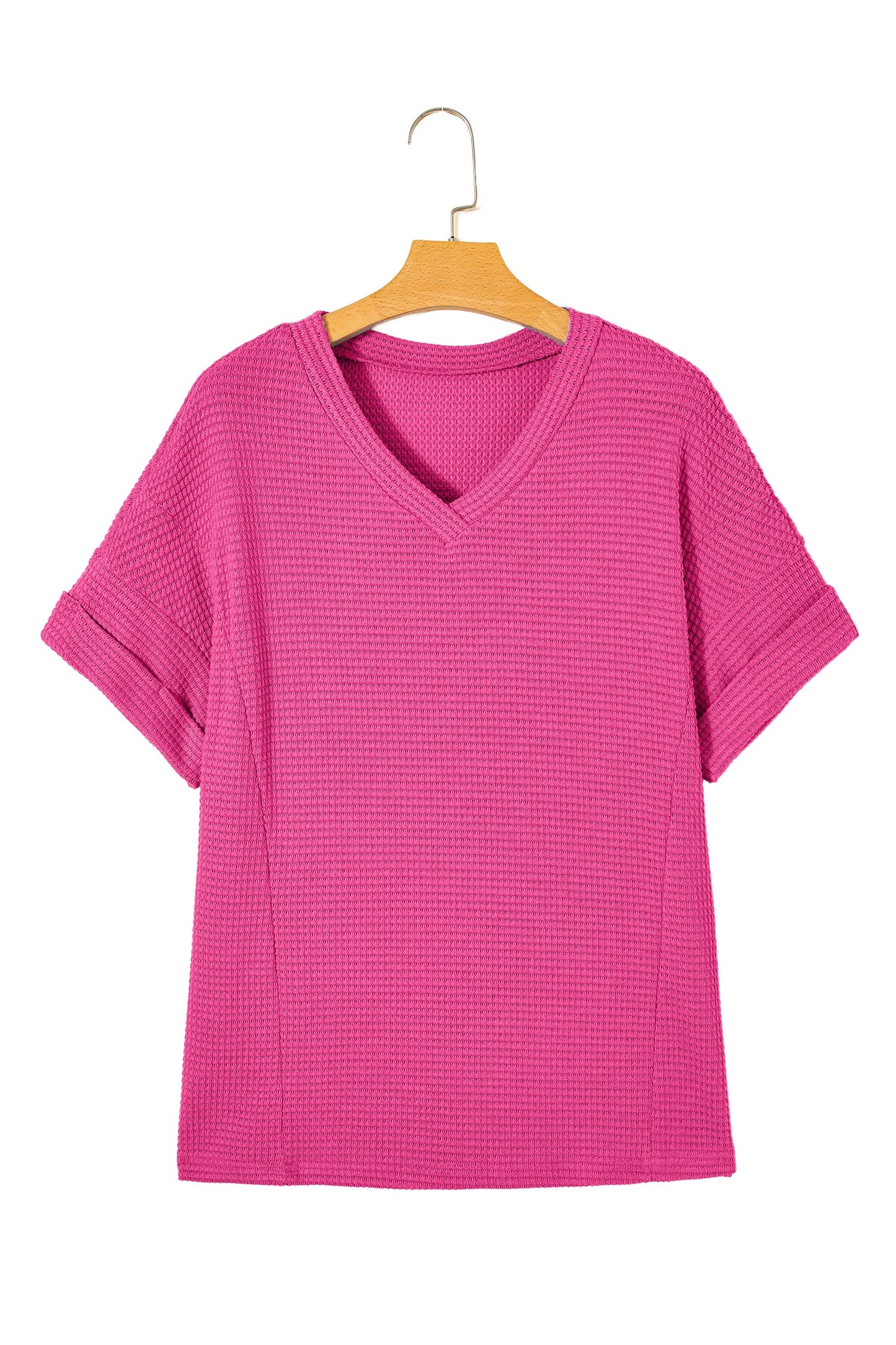 Solid Waffle Knit V-Neck Short Sleeve Top