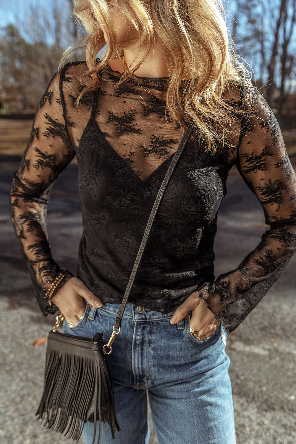 Lace Mesh Sheer Long Sleeve Blouse