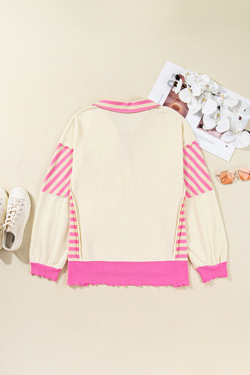 Plus Size Stripe Colorblock Collared Drop Shoulder Top
