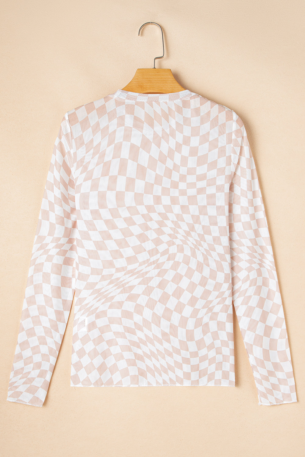 Checker Mesh Mock Neck Long Sleeve Top
