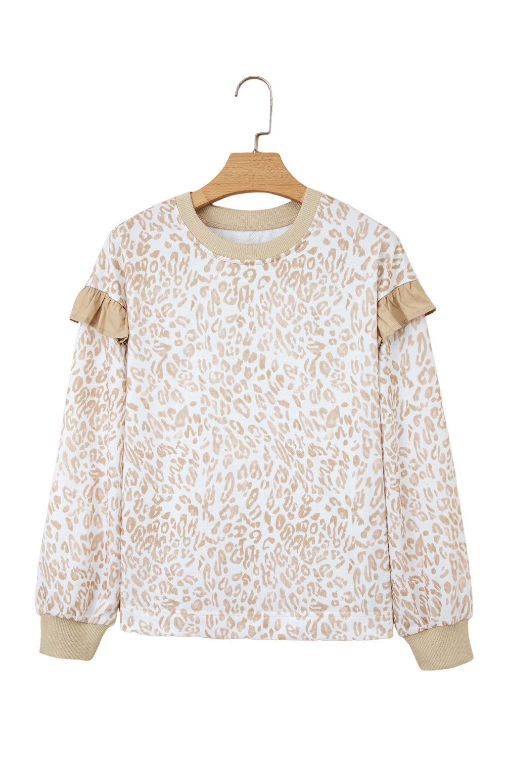 Leopard Ruffle Ribbed Trim Round Neck Sweatshirt