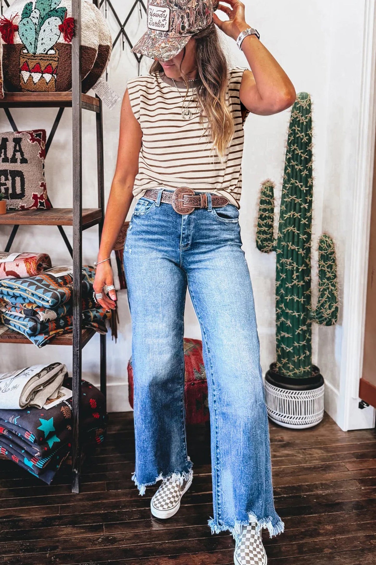 Stripe Ribbed Trim Round Neck Tank Top