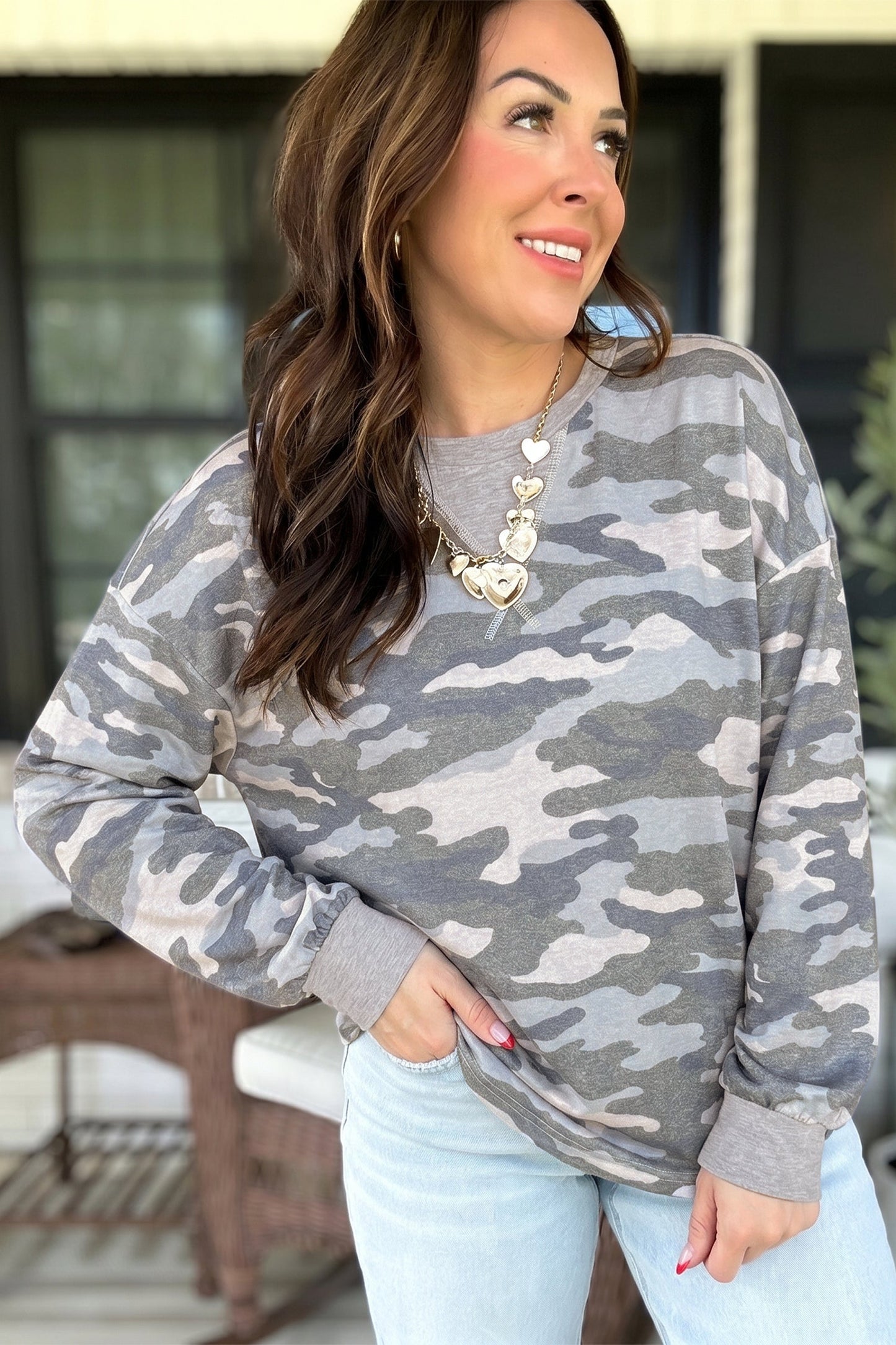 Camo Long Sleeve Round Neck Shift Pullover Top