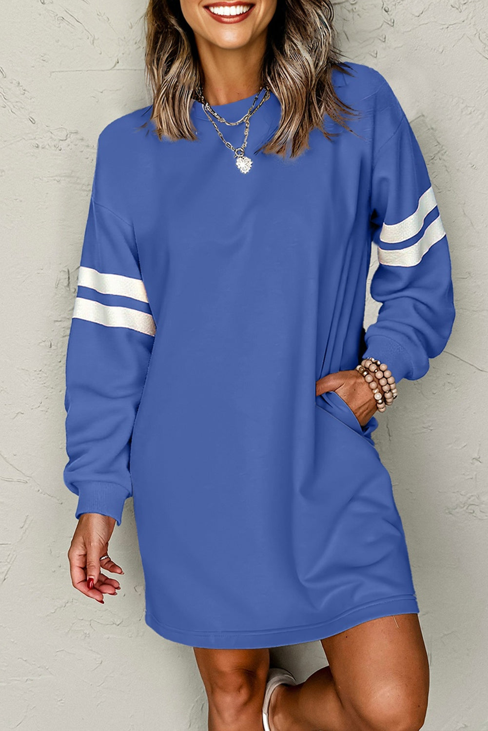 Varsity Stripe Banded Sleeve Sweatshirt Dress