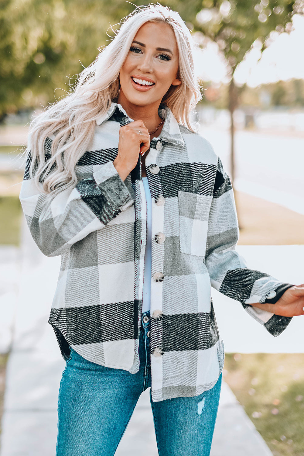 Plaid Colorblock Button-Up Long Sleeve Pocketed Shacket