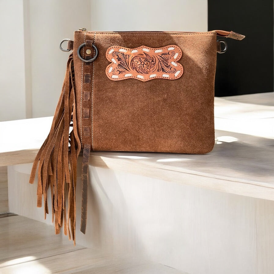 Tan suede & tooled fringe crossbody bag
