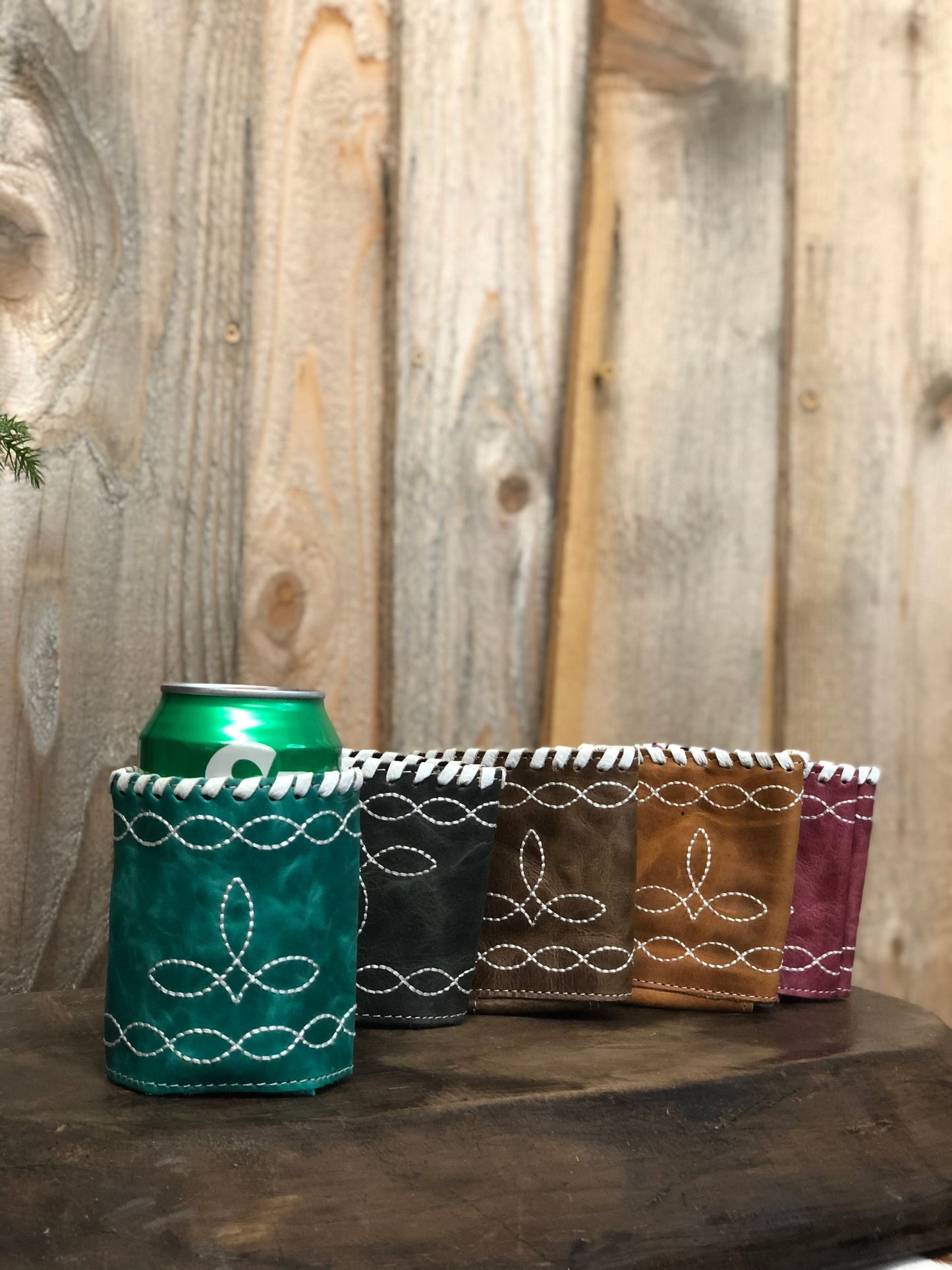 Turquoise BootStitch Leather Koozie