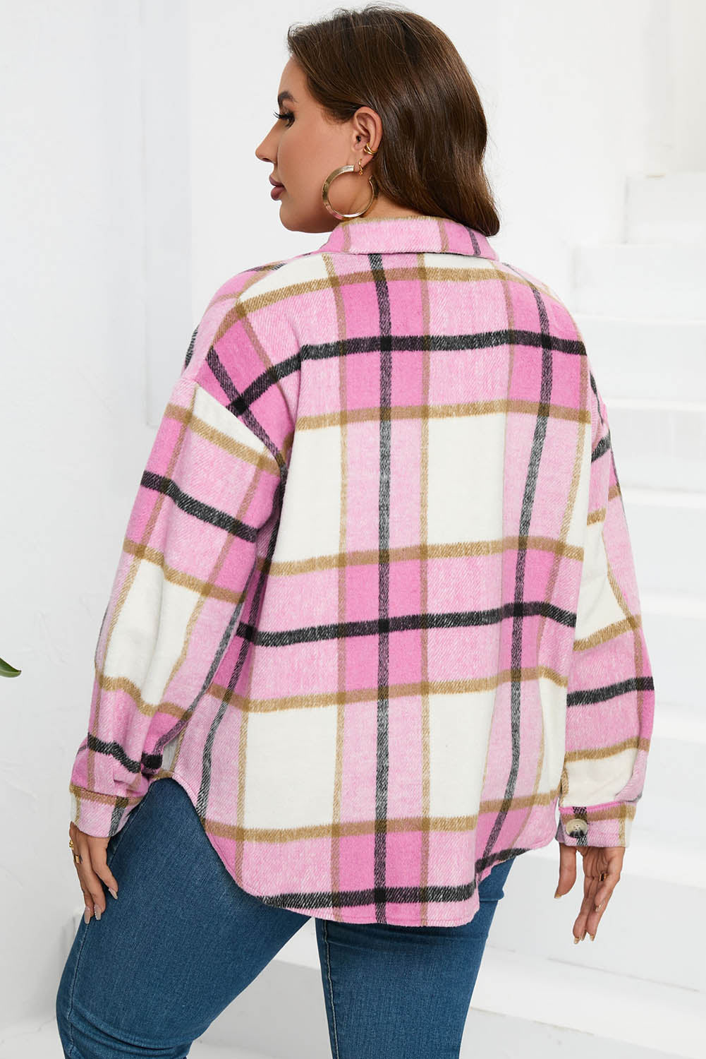 Plaid Colorblock Button-Up Long Sleeve Pocketed Shacket