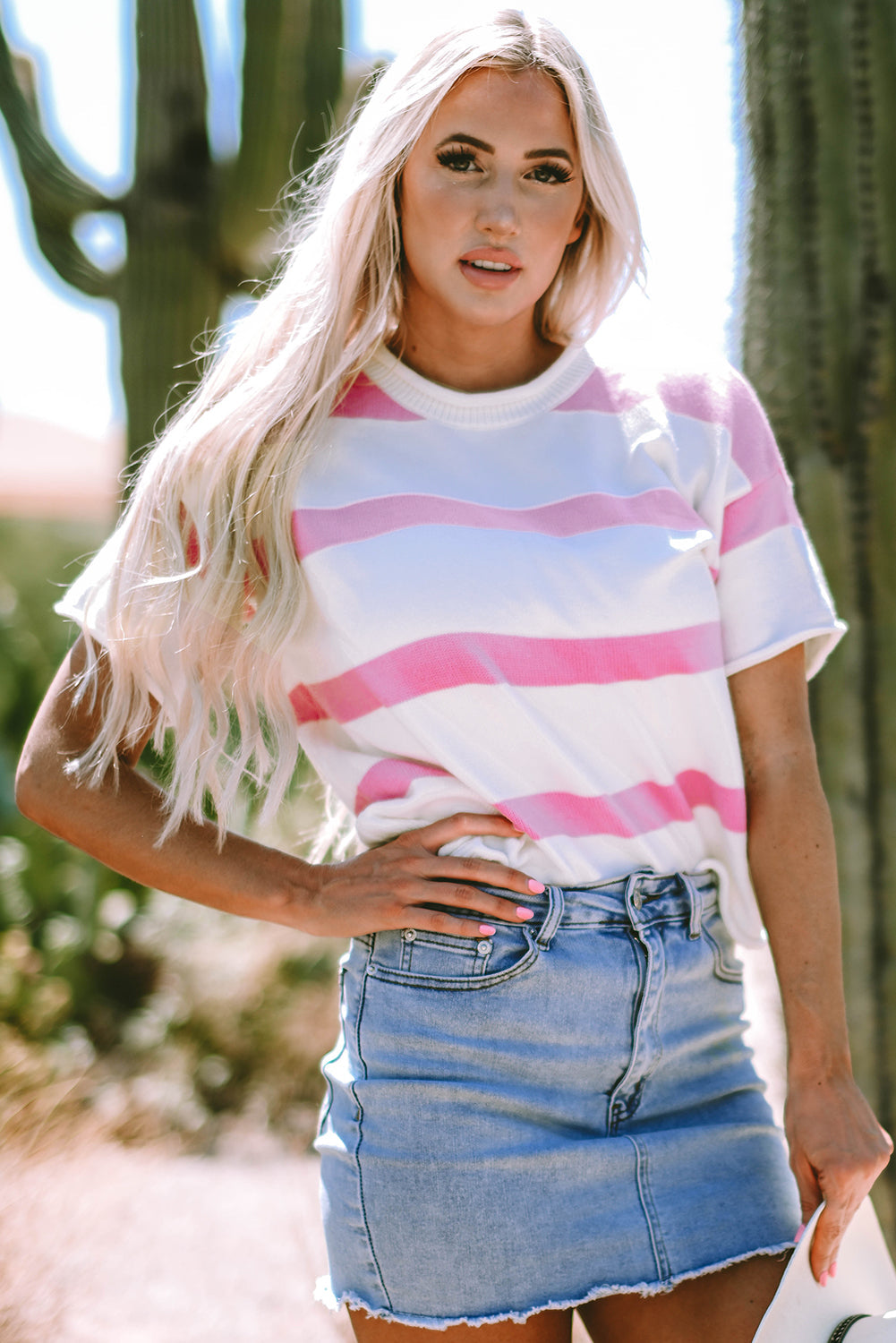 Stripe Knit Drop Short Sleeve Sweater