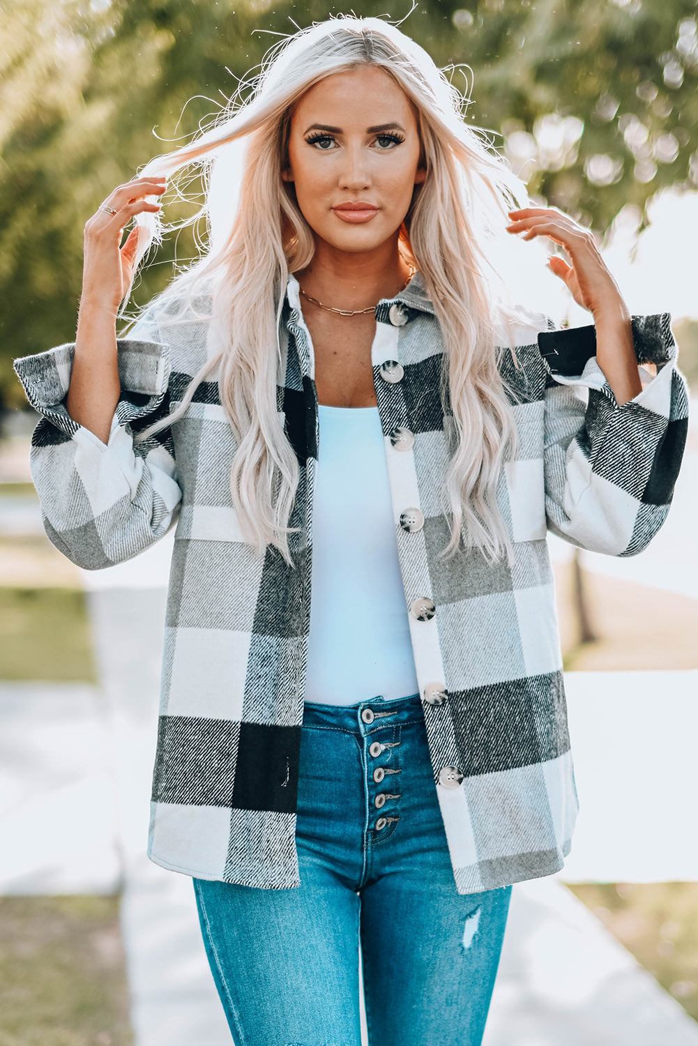 Plaid Colorblock Button-Up Long Sleeve Pocketed Shacket