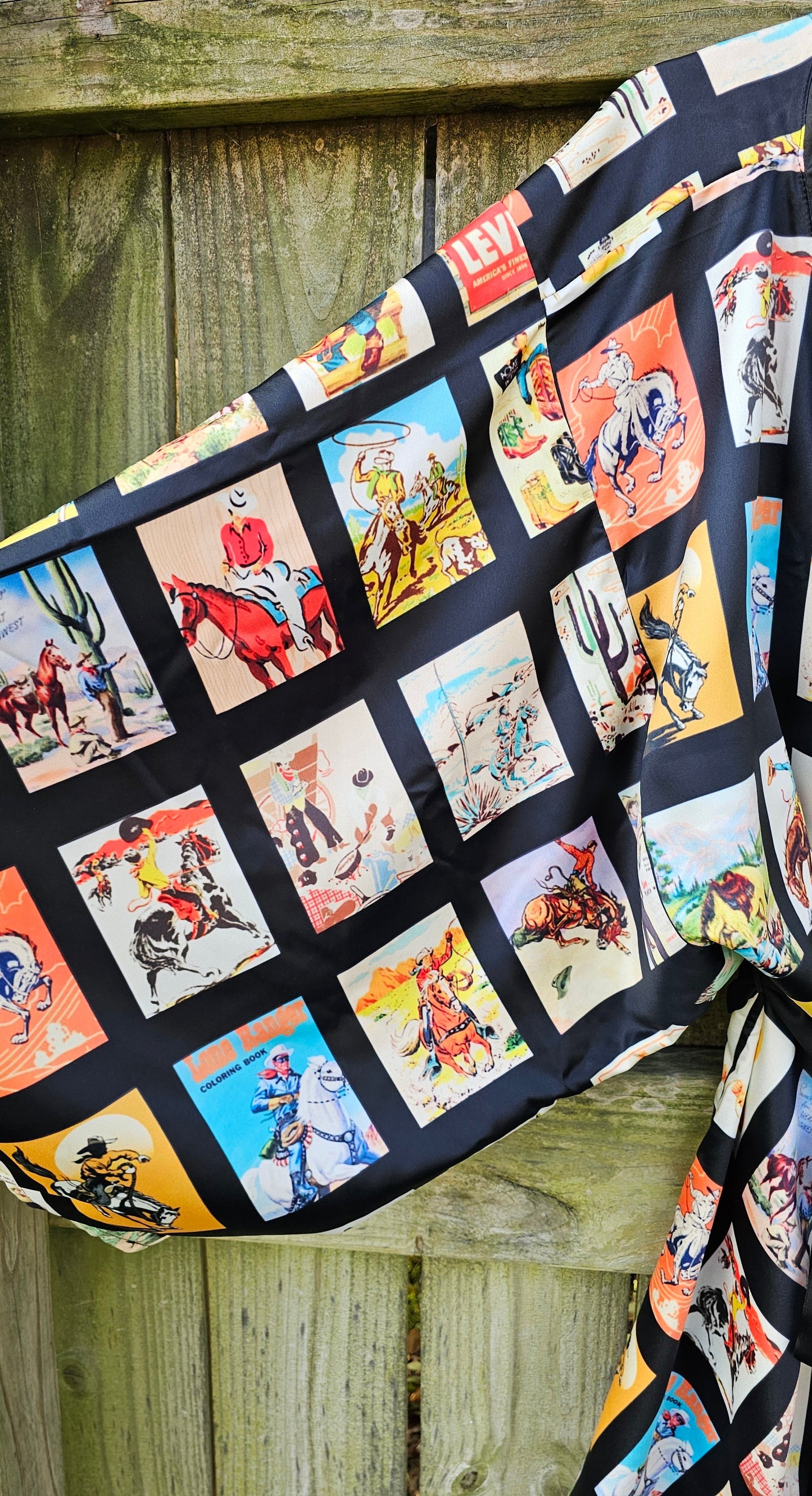 Vintage Cowboy Collage Satin Kimono Robe