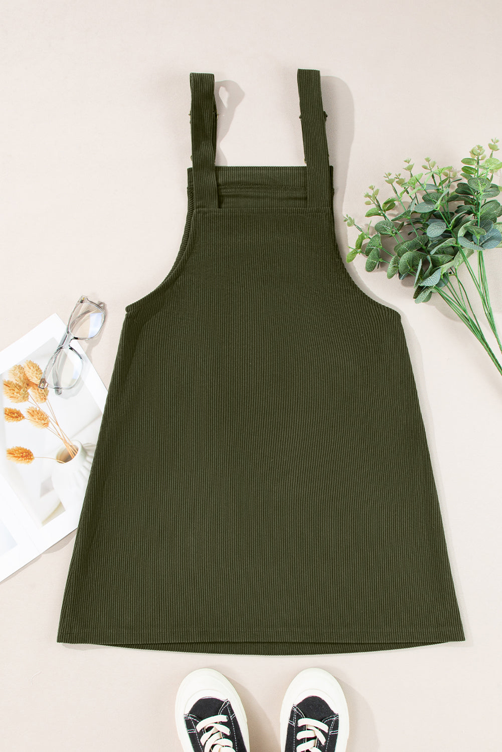 Solid Corduroy Front Pockets Sleeveless Dress