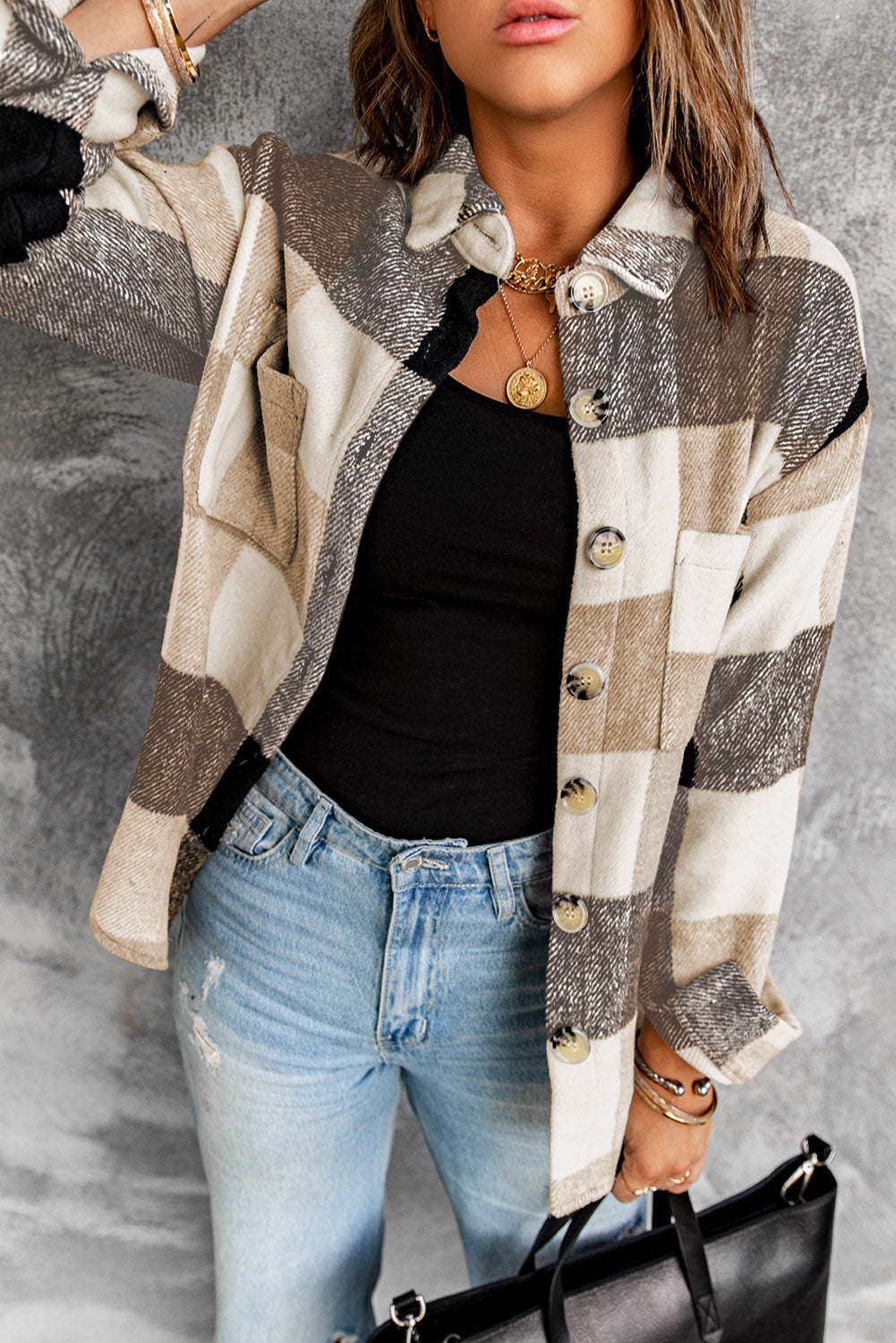 Plaid Colorblock Button-Up Long Sleeve Pocketed Shacket