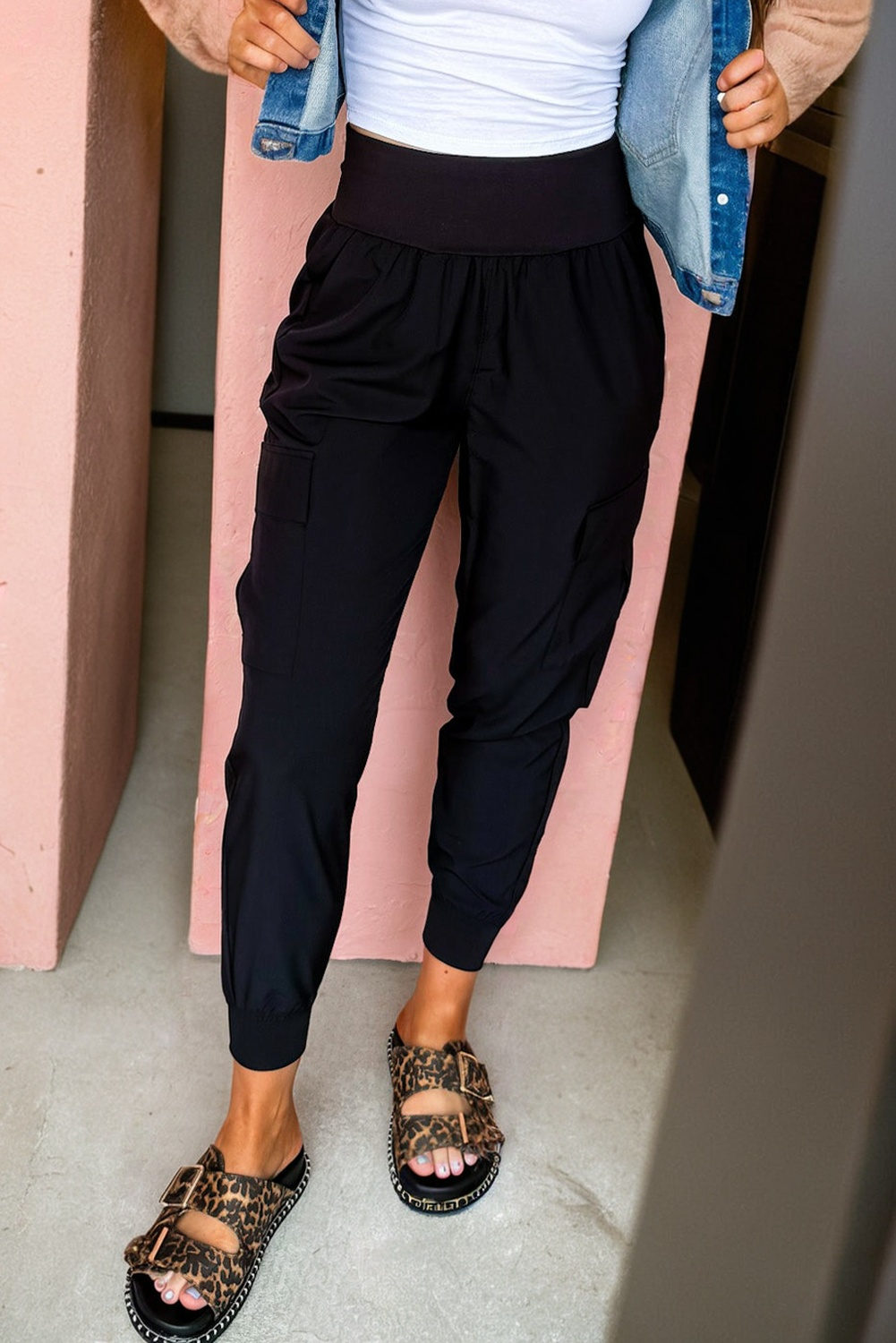 Solid Elastic High Waist Pocketed Jogger Pants
