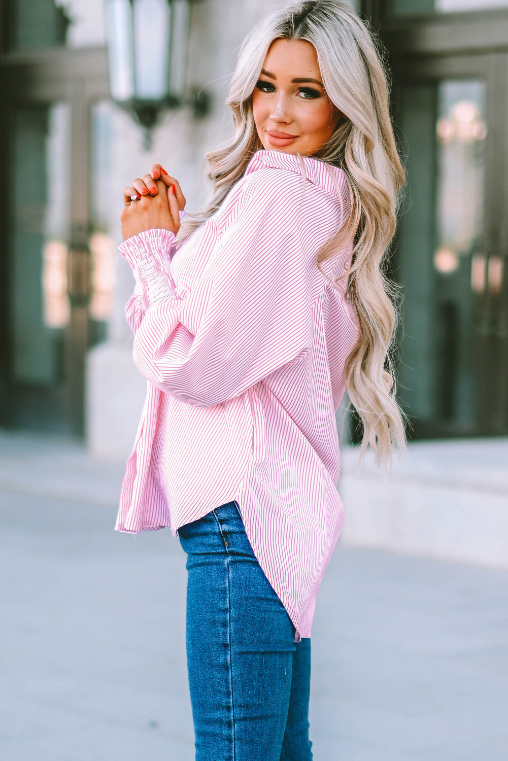 Stripe Smocked Button-Up Shirt
