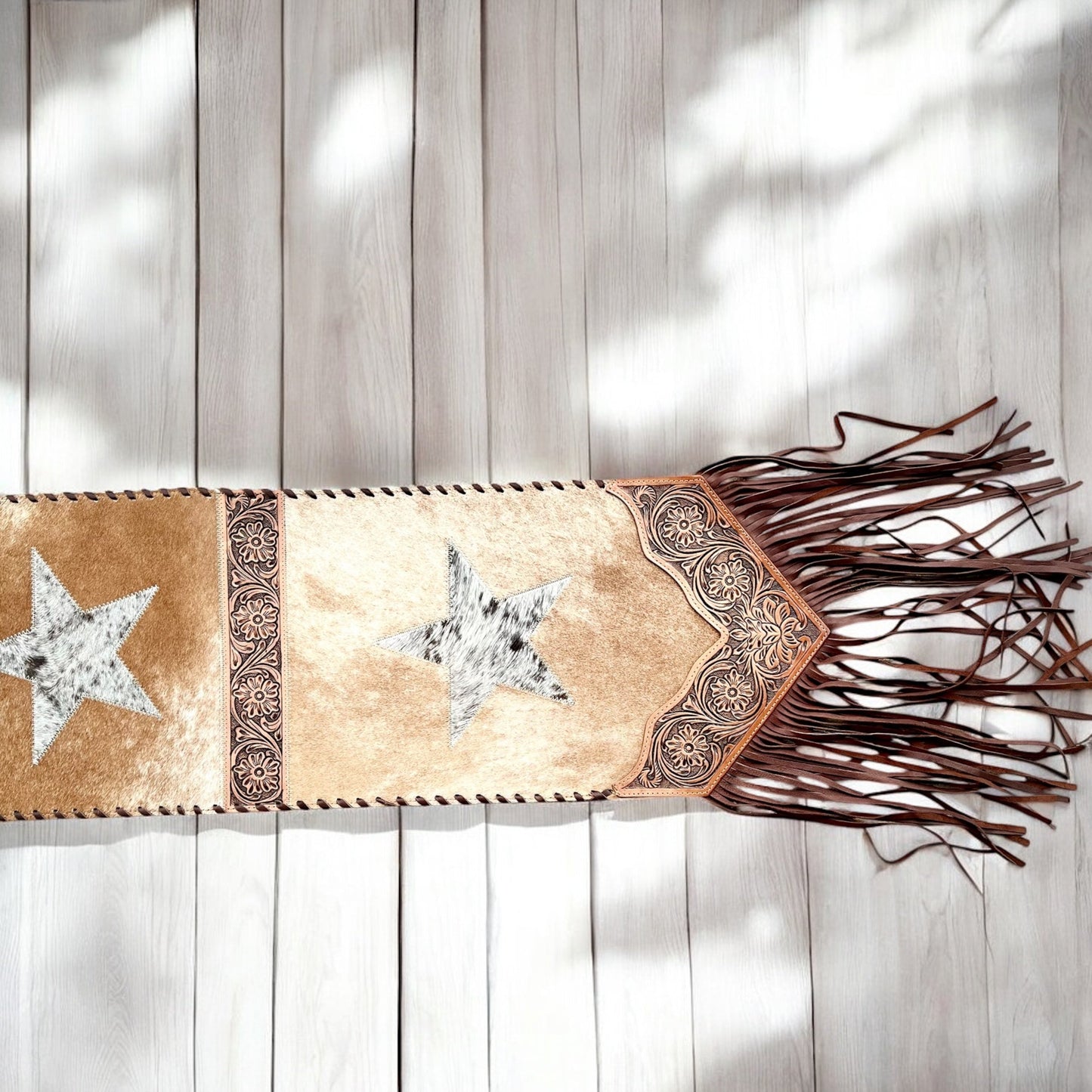 Stars cowhide & tooled leather table runner