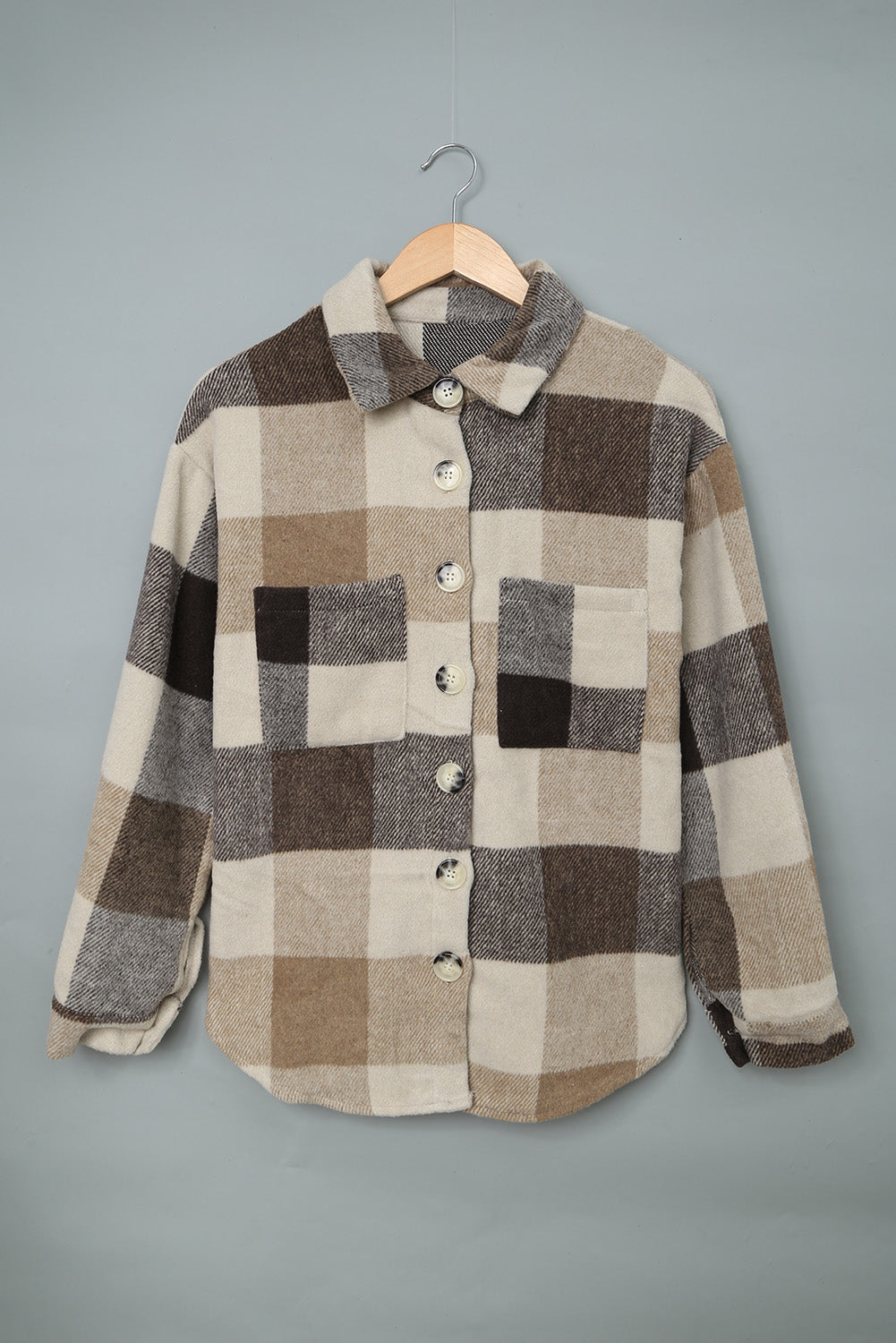 Plaid Colorblock Button-Up Long Sleeve Pocketed Shacket