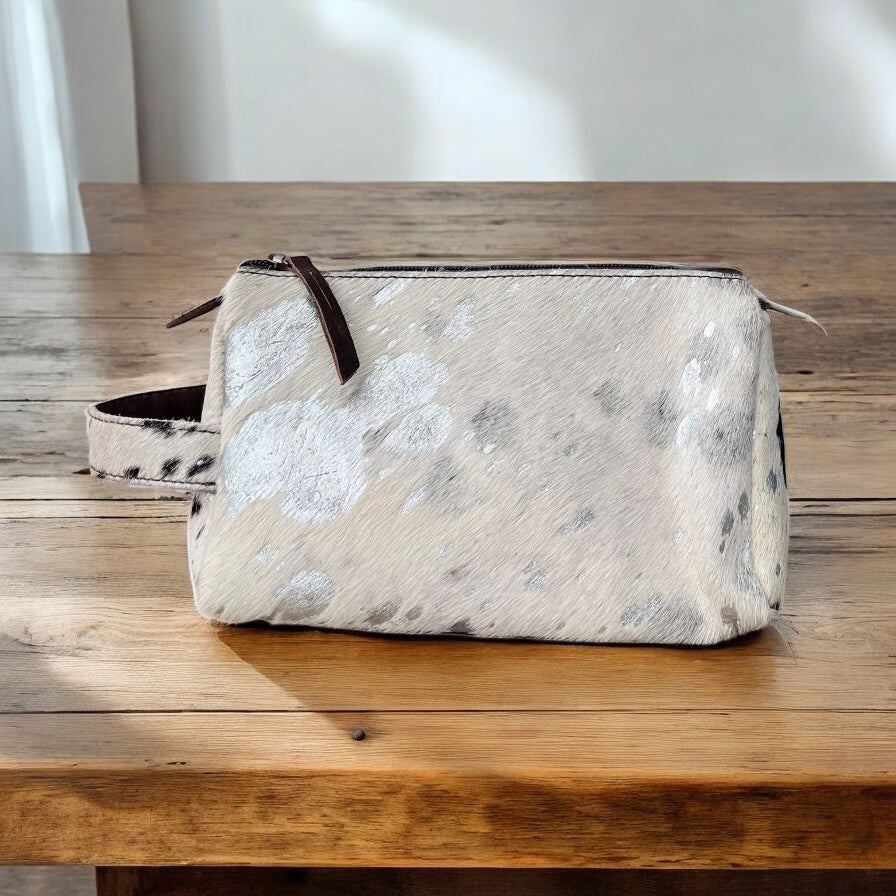 Silver cowhide acid wash toiletry bag