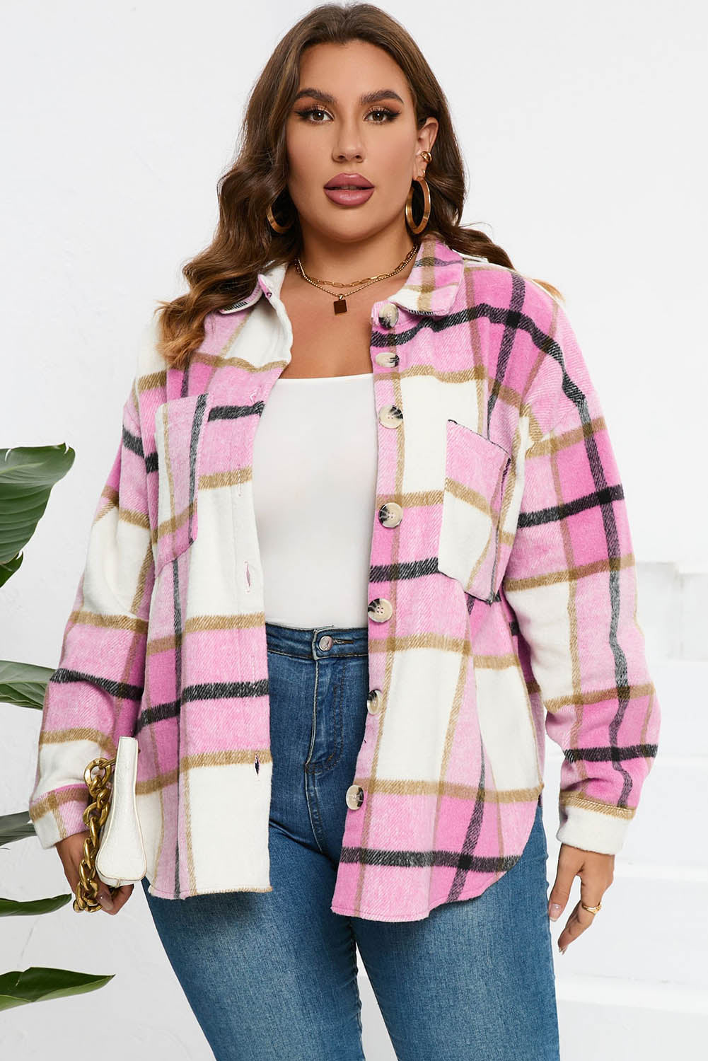 Plaid Colorblock Button-Up Long Sleeve Pocketed Shacket
