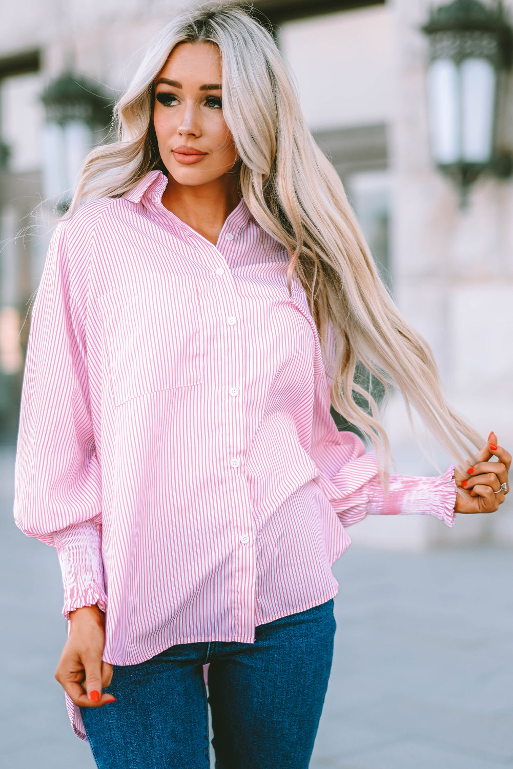 Stripe Smocked Button-Up Shirt