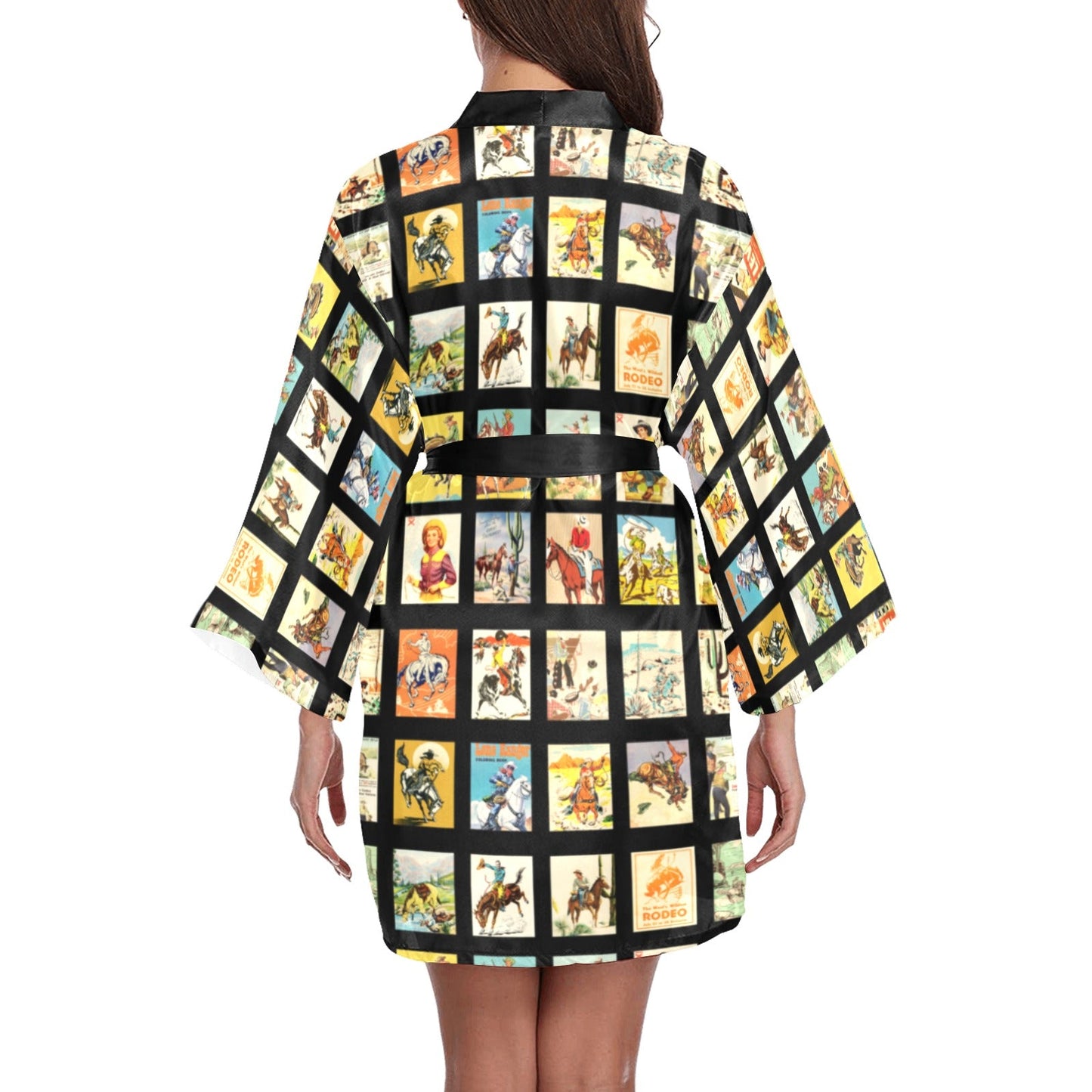 Vintage Cowboy Collage Satin Kimono Robe