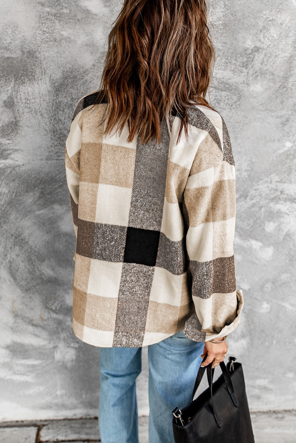 Plaid Colorblock Button-Up Long Sleeve Pocketed Shacket
