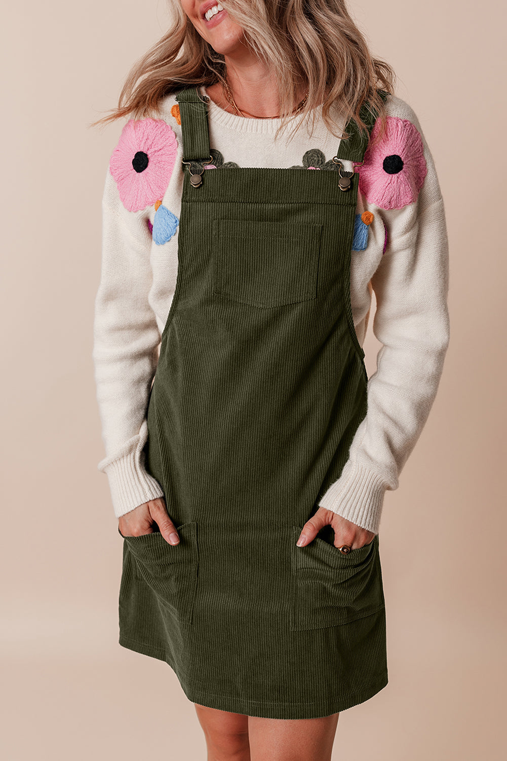 Solid Corduroy Front Pockets Sleeveless Dress