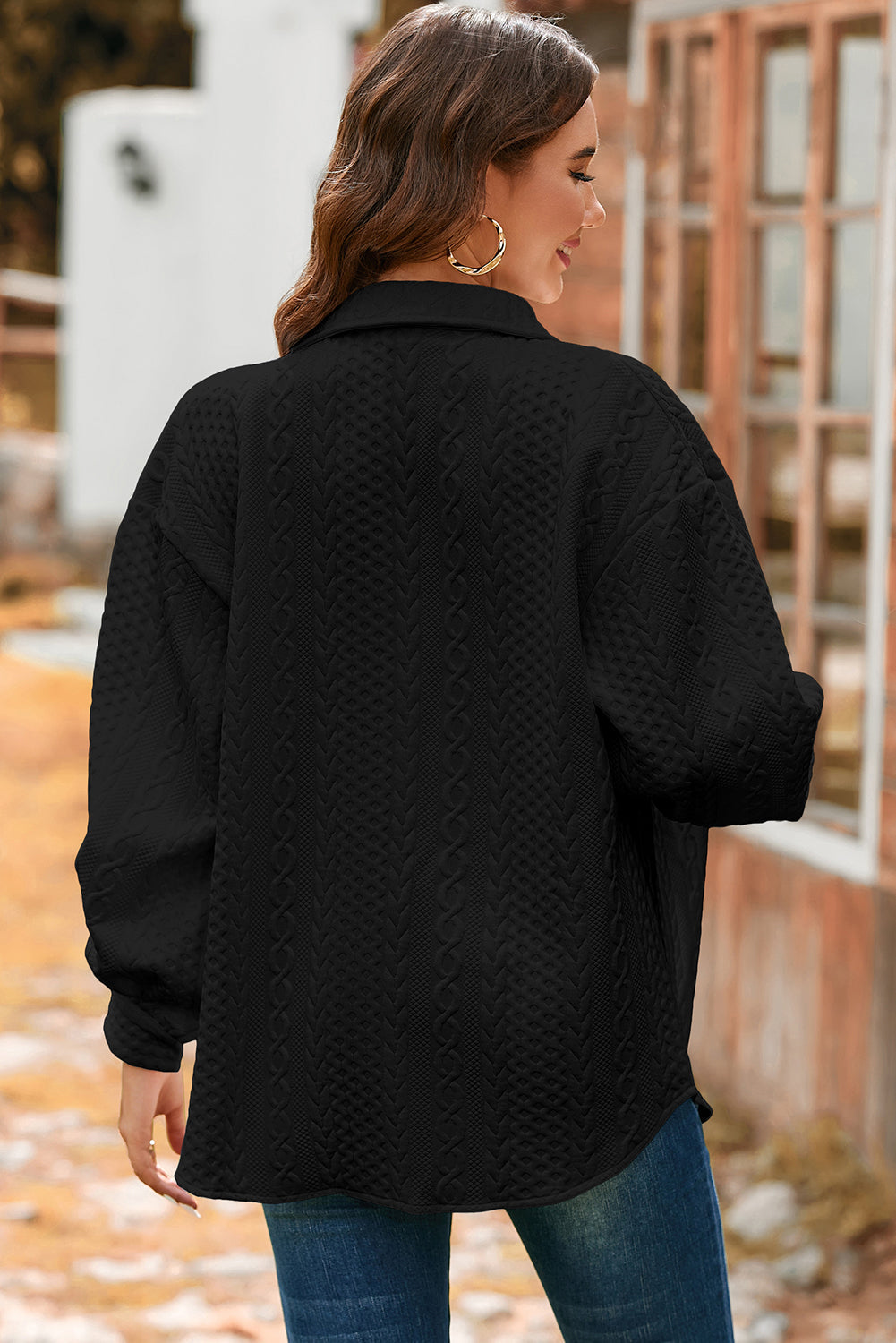 Solid Cable Knit Textured Puff Sleeve Shacket