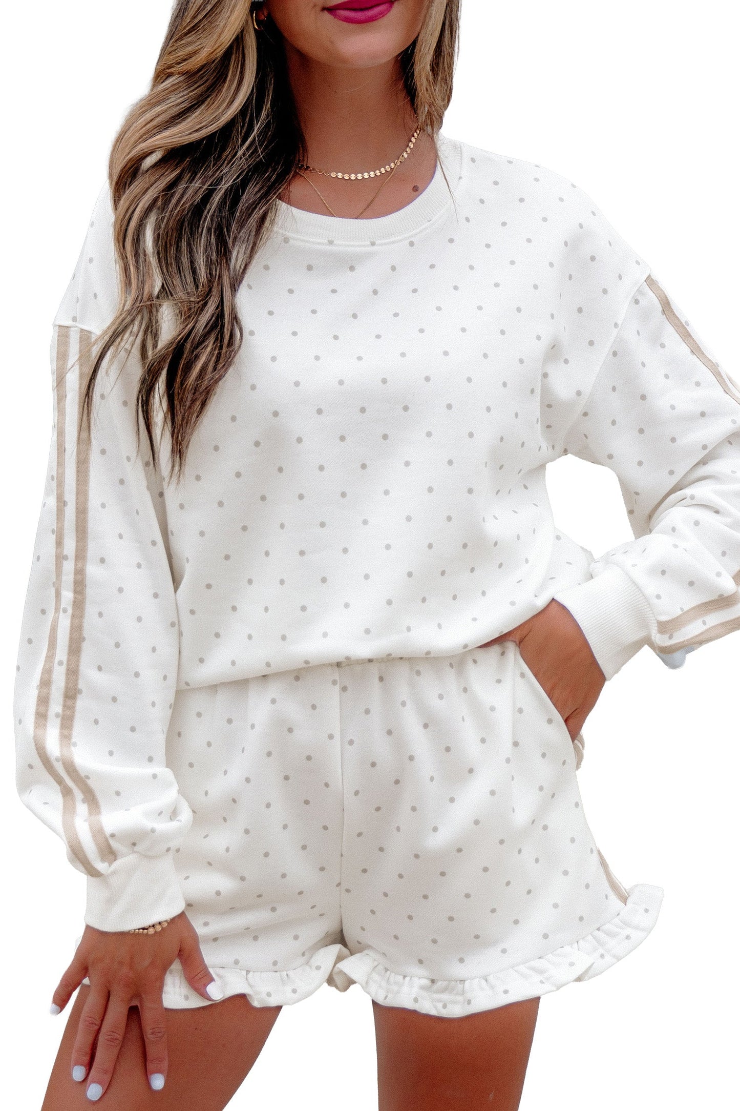 Polka Dot Side Stripe Detail Sweatshirt & Shorts Set