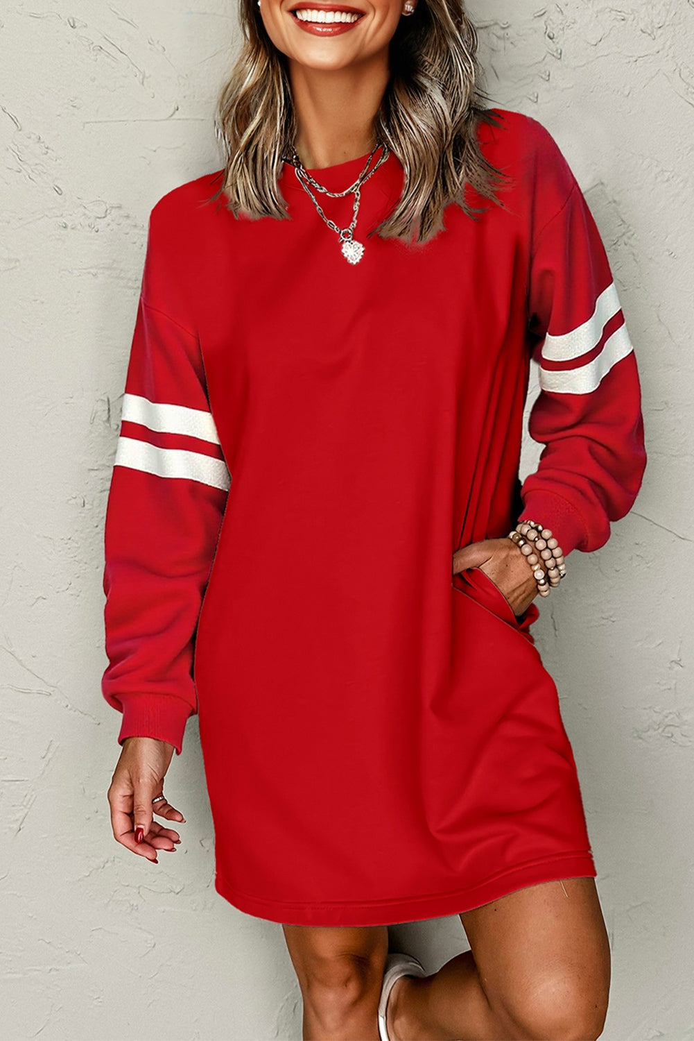 Varsity Stripe Banded Sleeve Sweatshirt Dress