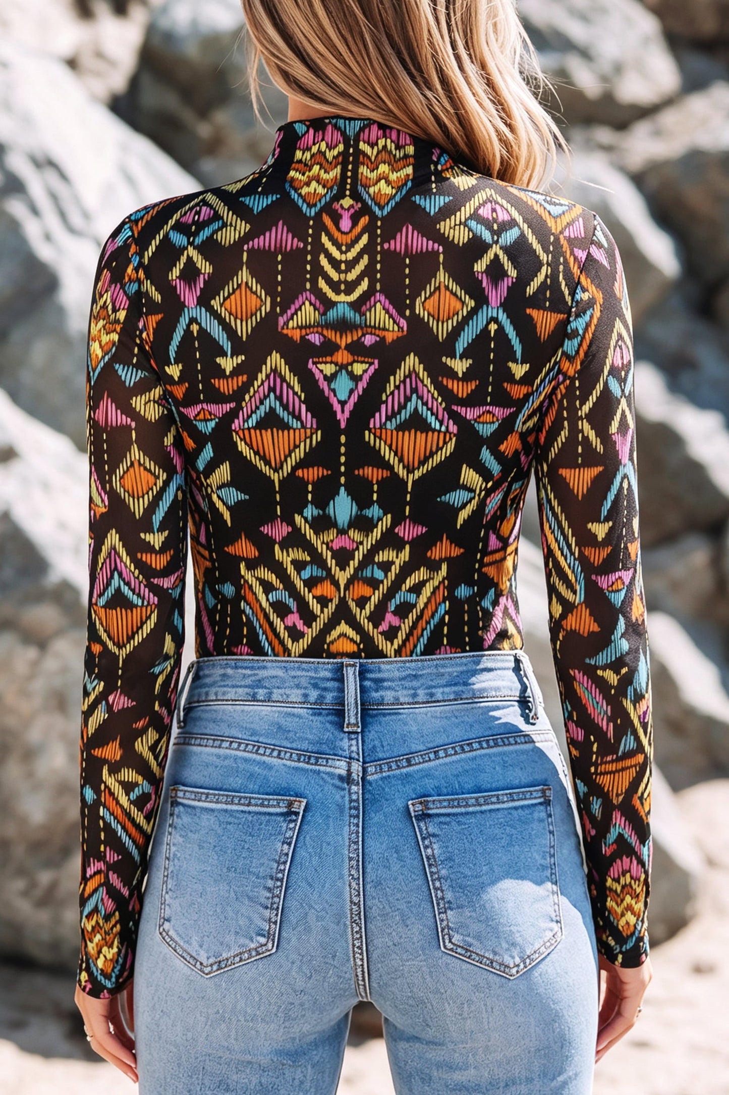 Aztec Mesh Mock Neck Long Sleeve Top