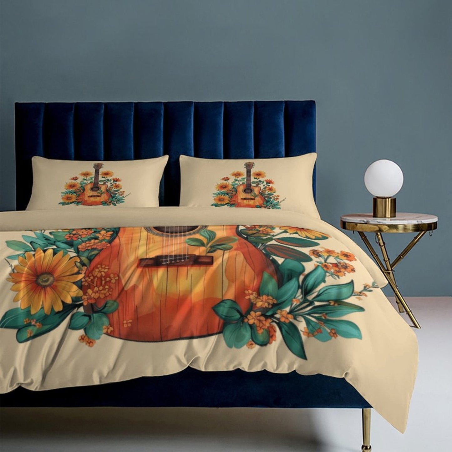 Boho Dolly Guitar Design 3-Piece Bedding Set (1 Duvet Cover + 2 Pillow Shams) – 102"×90"