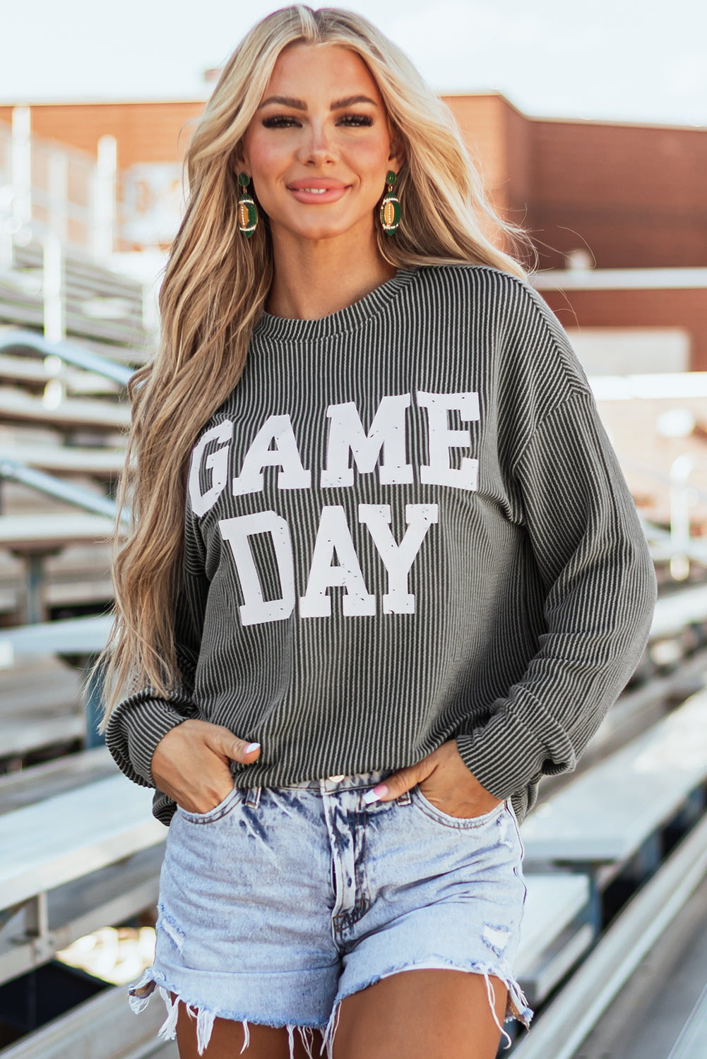 GAME DAY Textured Long Sleeve Crewneck Top ( This is. Drop ship and NOT available for pick up )