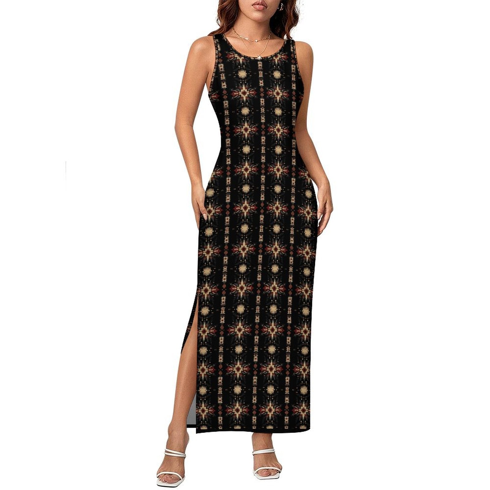 Black and Tan Aztec Sleeveless Bodycon Side Slit Maxi Dress Multi / 3XL Black and Tan Aztec Sleeveless Bodycon Side Slit Maxi Dress Multi / 3XL