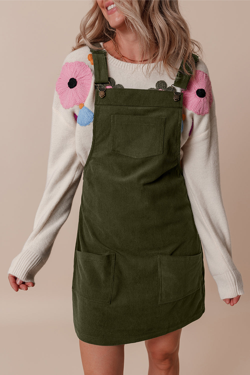 Solid Corduroy Front Pockets Sleeveless Dress