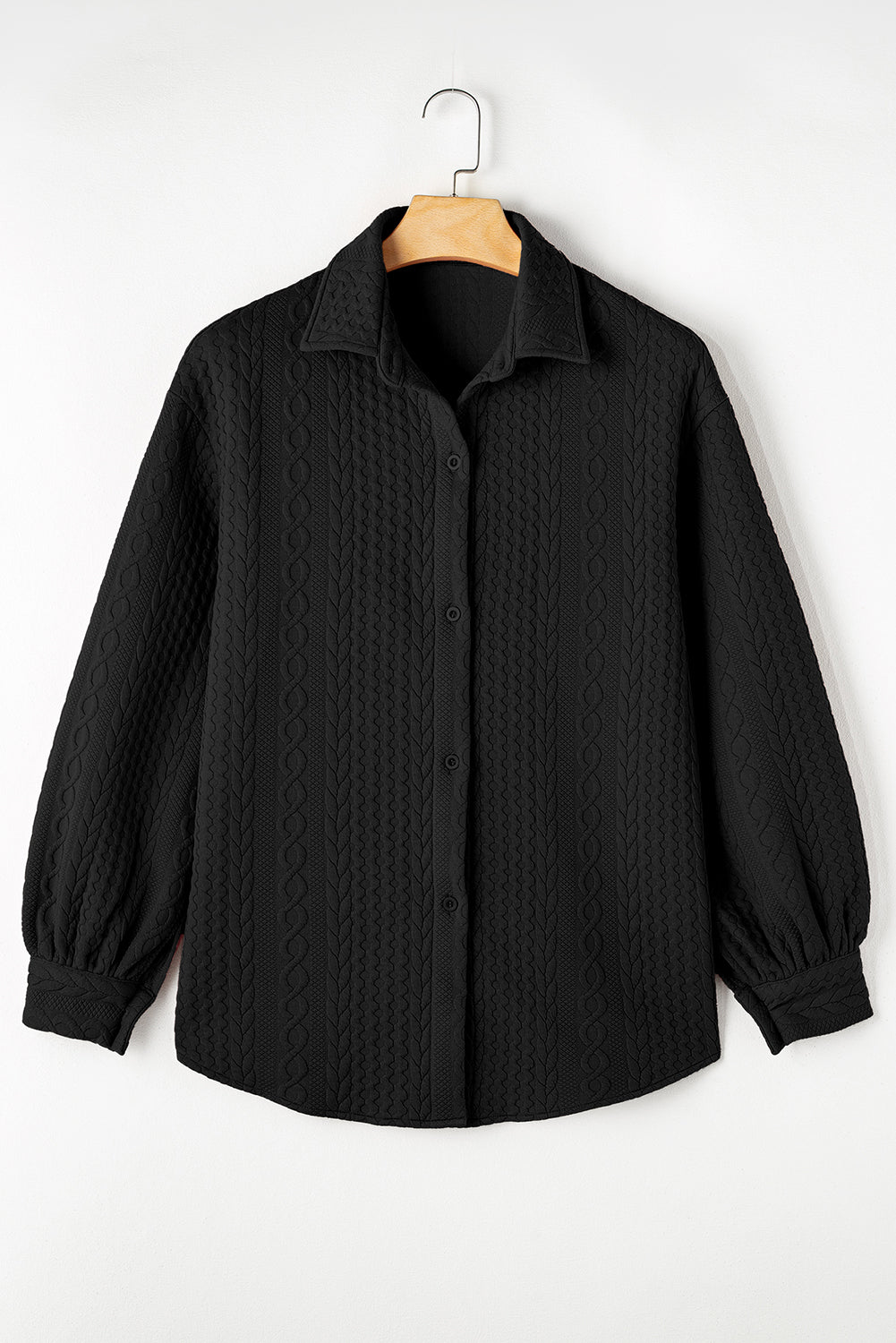 Solid Cable Knit Textured Puff Sleeve Shacket