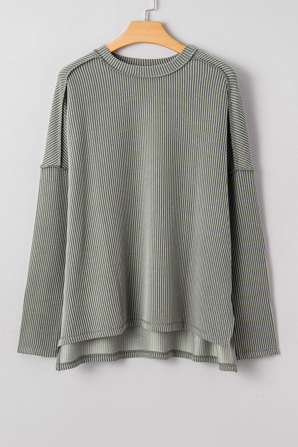 Solid Corded Knit Reverse Seam Long Sleeve Top