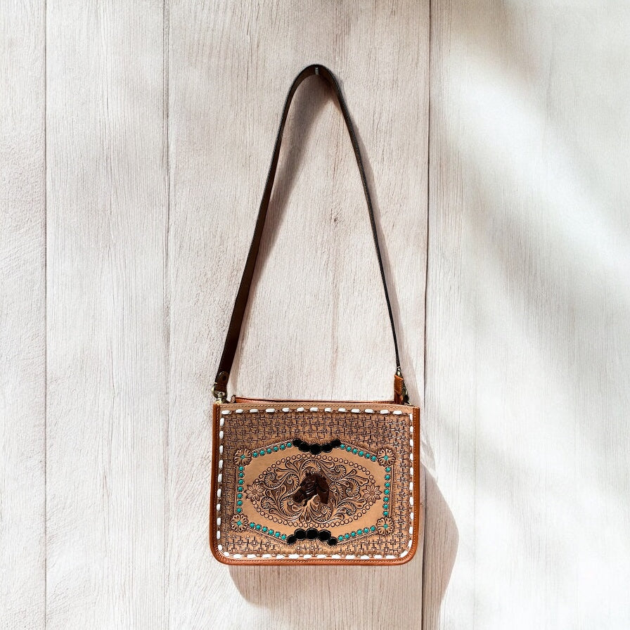 Horse tooled leather crossbody bag