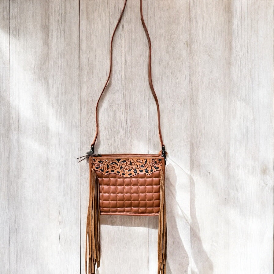 Tan tooled leather fringe crossbody bag