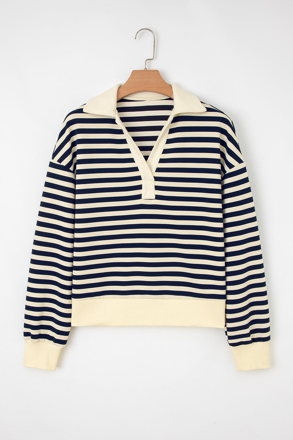 Stripe Collared V-Neck Long Sleeve Top