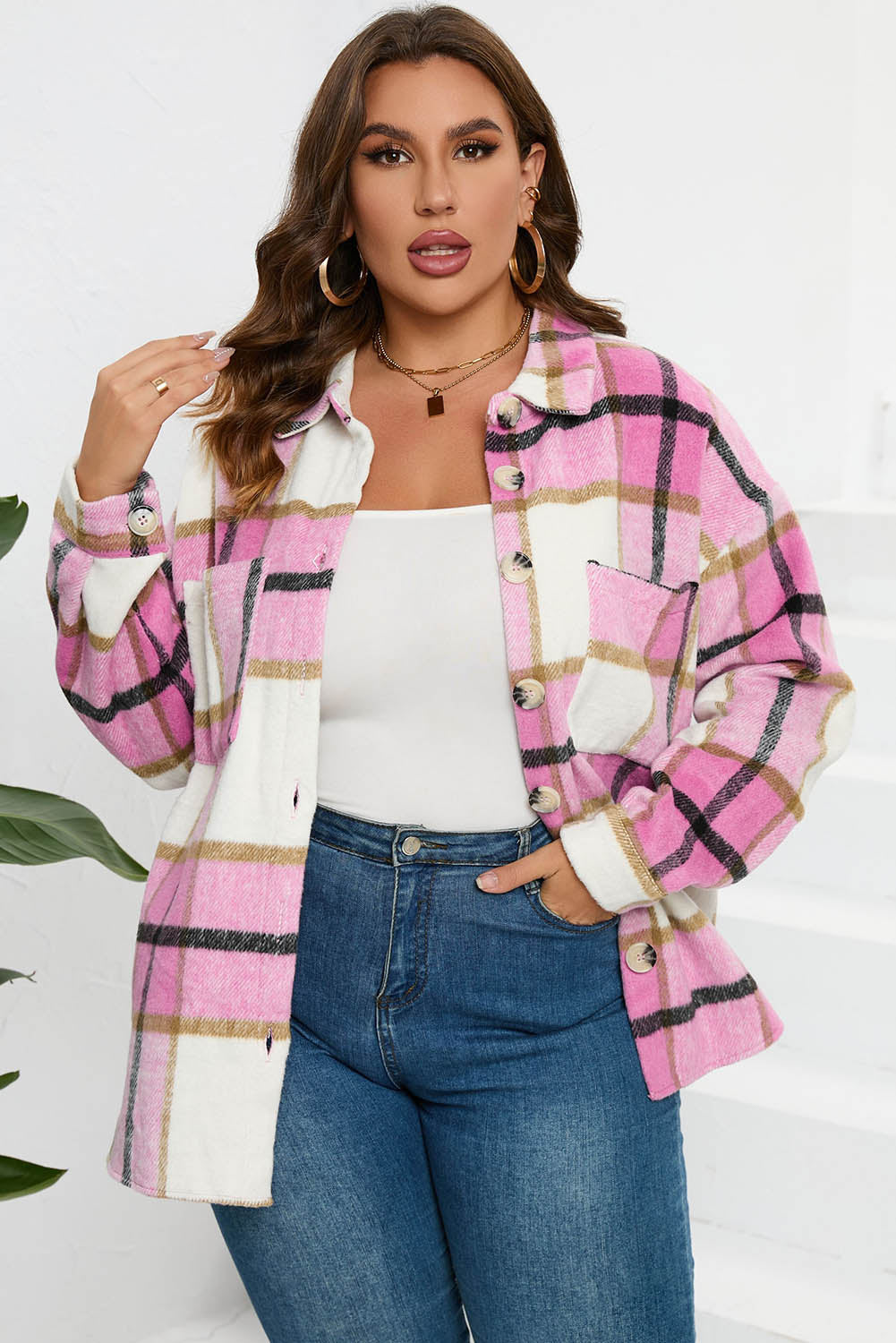 Plaid Colorblock Button-Up Long Sleeve Pocketed Shacket