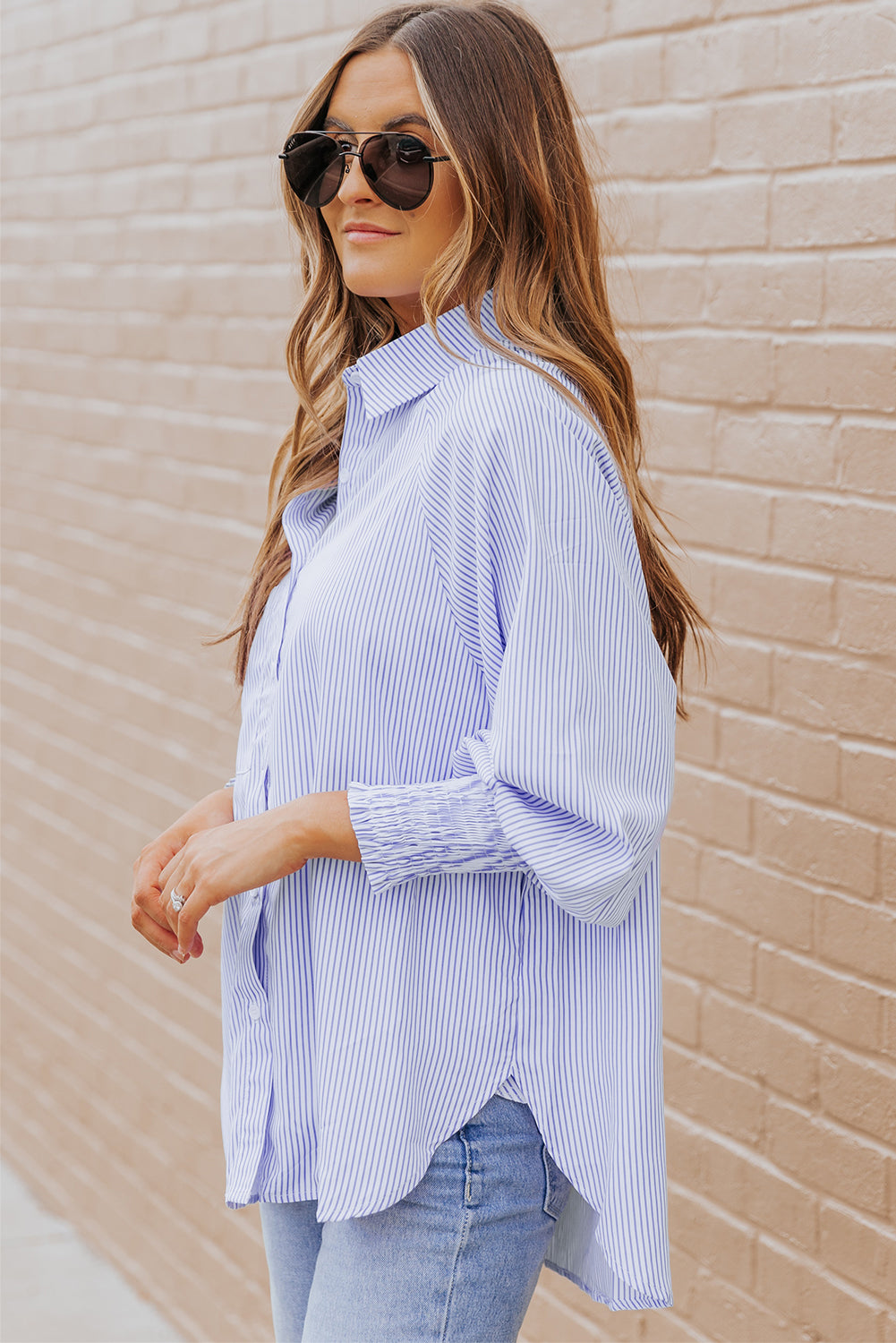 Stripe Smocked Button-Up Shirt